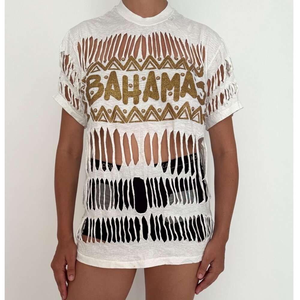 90s vintage Bahamas reworked cut outs funky vacation festival cotton tee shirt